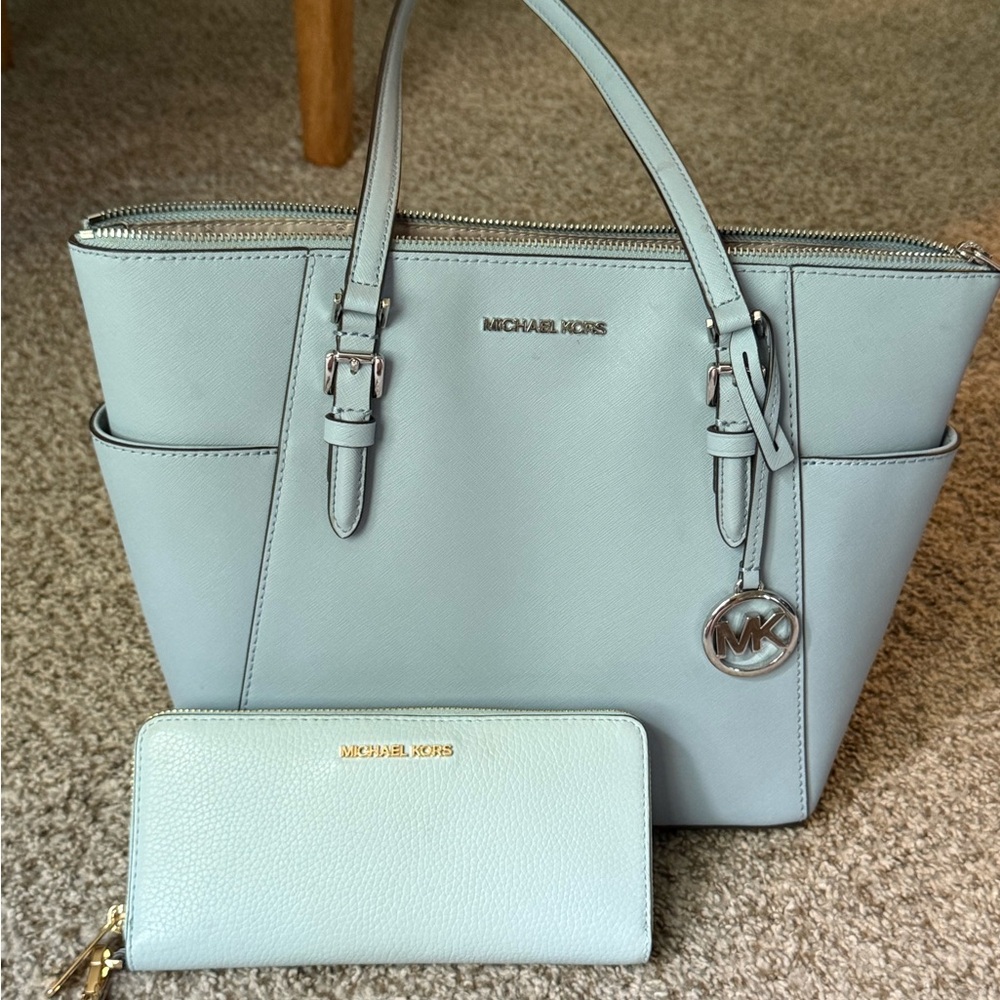 Michael Kors Blue Structured Tote with Silver Hardware